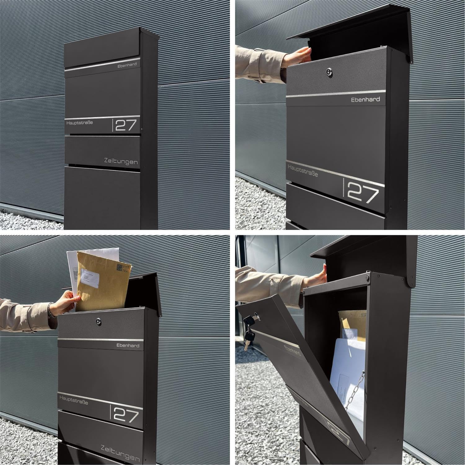 Metzler Standbriefkasten mit Zeitungsfach | Hochwertiger Stahl, Pulverbeschichtung in DB 703 Eisenglimmer | Individuelle Lasergravur, Absenkautomatik, inkl. Montagematerial & 2 Schlüssel | Alves 2