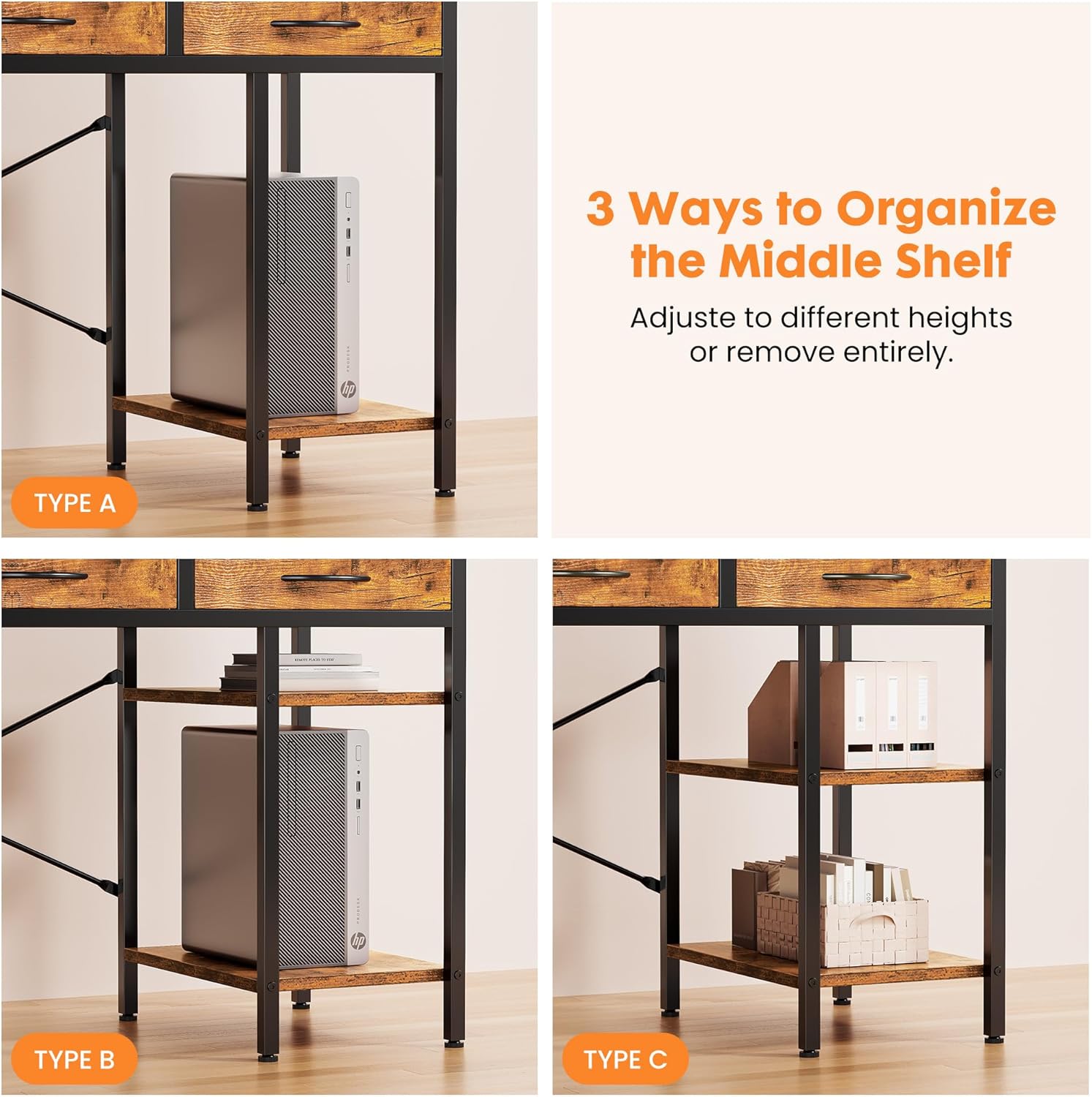 Three images demonstrating the adjustable and removable middle shelf, showing configurations for an open space, a top shelf, and balanced dual shelves.