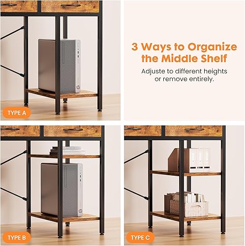 Miniatura 7 de Sweetcrispy - Escritorio de computadora de 47 pulgadas con 6 cajones, escritorios de oficina en casa para juegos con estantes de almacenamiento para