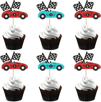 24Pcs Colorful Race Car Cupcake Toppers Checkered Flags Cupcake Picks for Racing Baby Shower Boys Girls Race Car Birthday Cake Cupcake Decorations Racing Cars Party Supplies