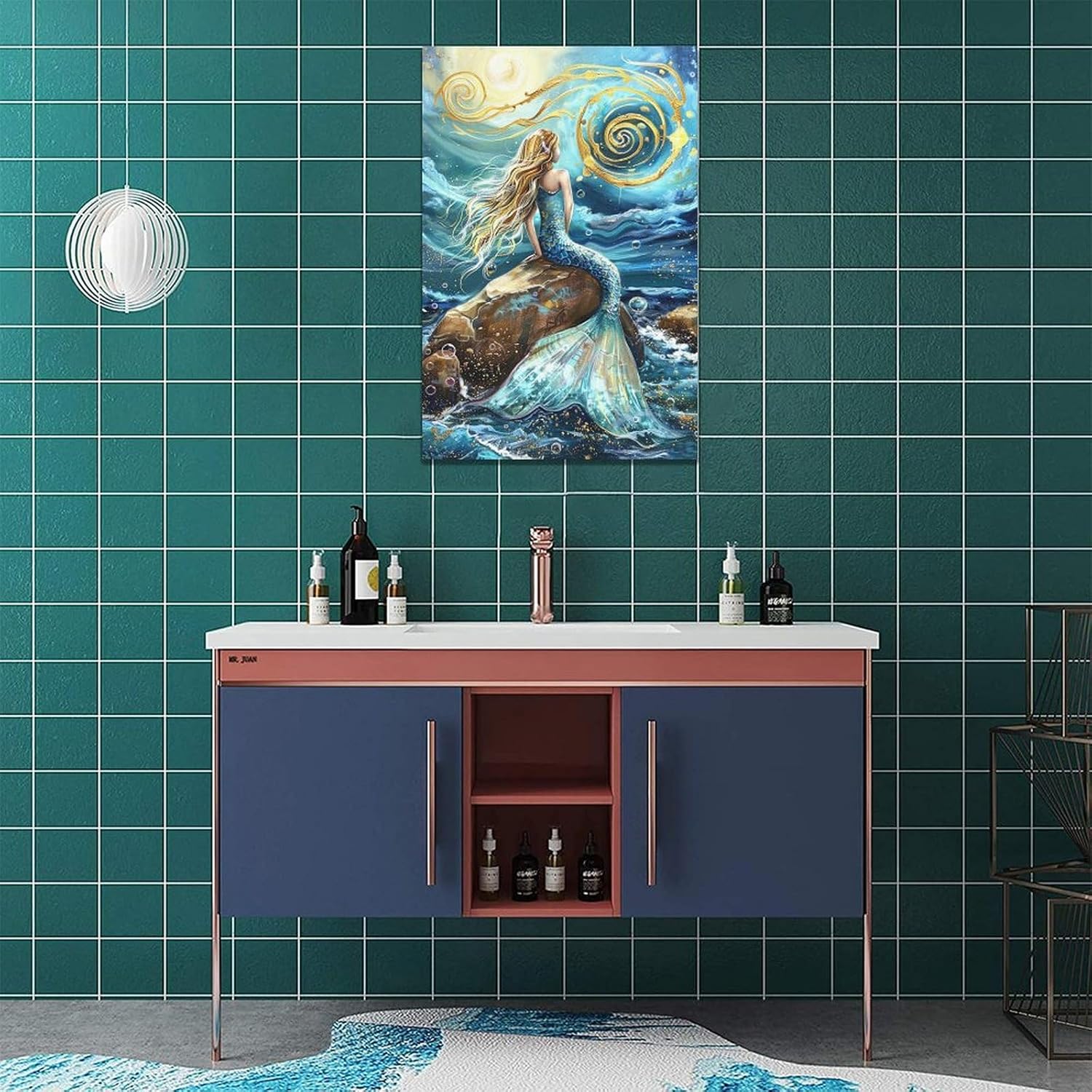 Quorin Mermaid Bathroom Wall Art Ocean Nautical Coastal Pictures Mermaid Wall Decor Golden Sun Canvas Print Painting Artwork for Bathroom Living Room Bedroom 16"x24"