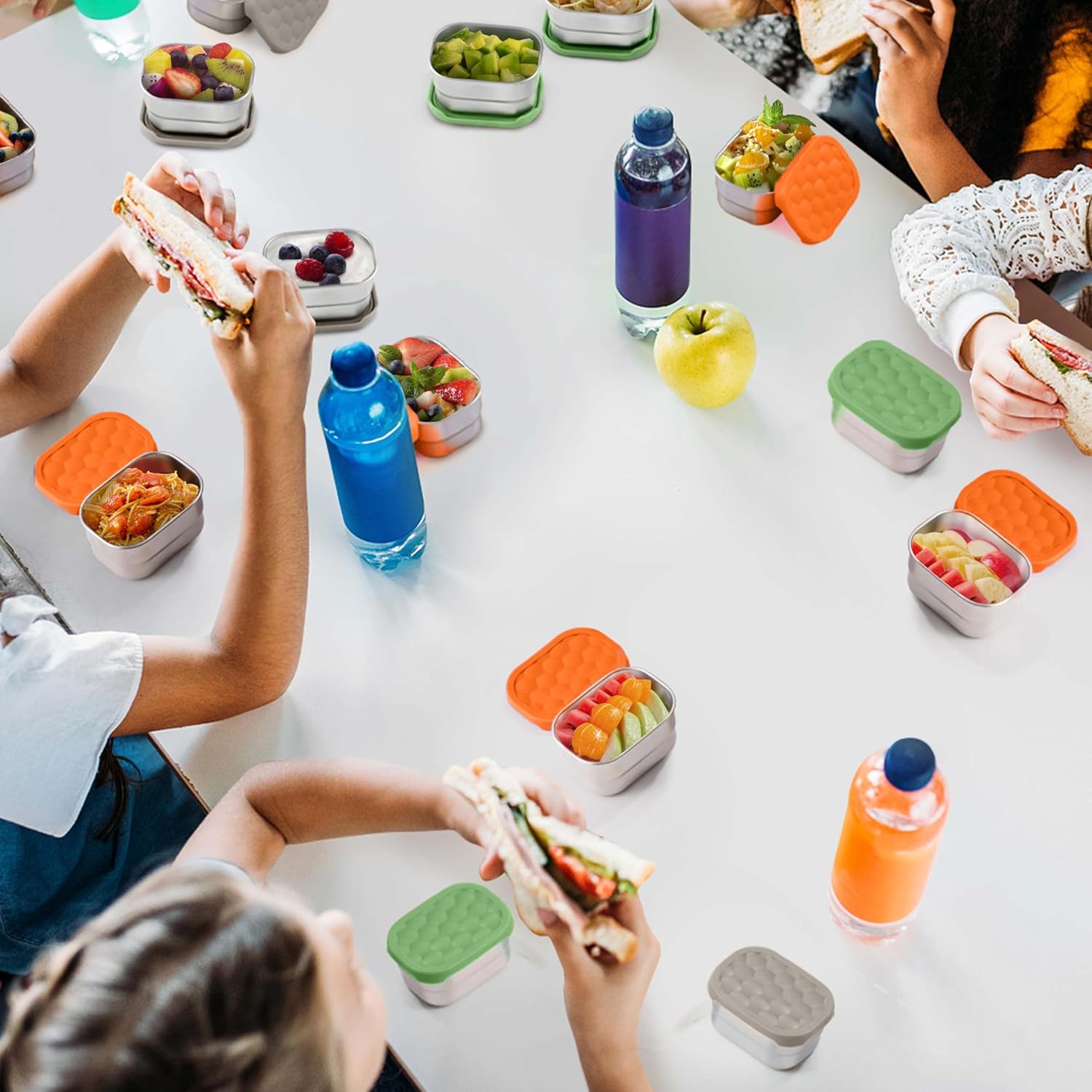 Homikit 3 Pack Snack Containers for Kids, 18/10 Stainless Steel Toddler Lunch Box with Silicone Lids, Reusable Bento Food Container Set for School Daycare, Nontoxic & Leak Proof, Green/Khaki/Orange - Image 6