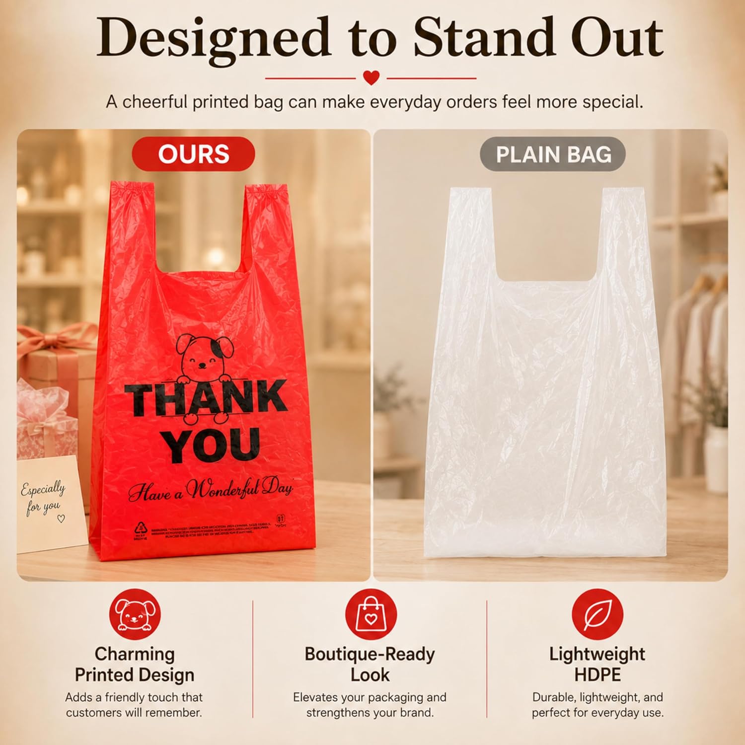  Red Thank you T shirt bag, Grocery shopping bag Reusable and Disposable Supermarket Bag 11''x6''x21'' 100PCS thumbnail