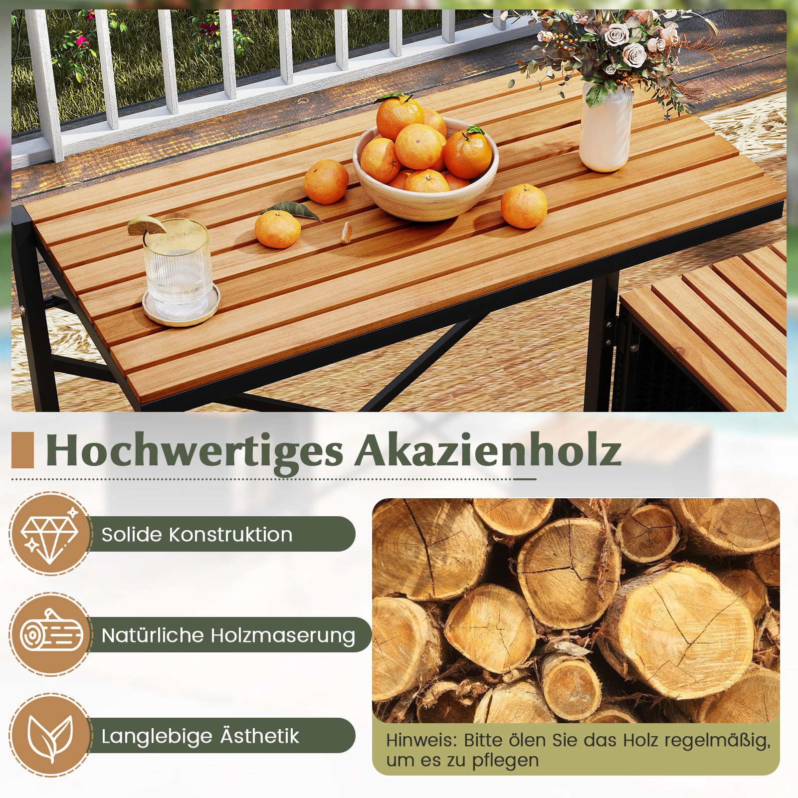 COSTWAY 2 in 1 Gartenbank, wandelbarer Picknicktisch & Sitzbank (Schwarz) | Balkonset, Balkonmöbel Kleiner Balkon, Sitzgruppe, Sitzgarnitur für Garten, Terrasse