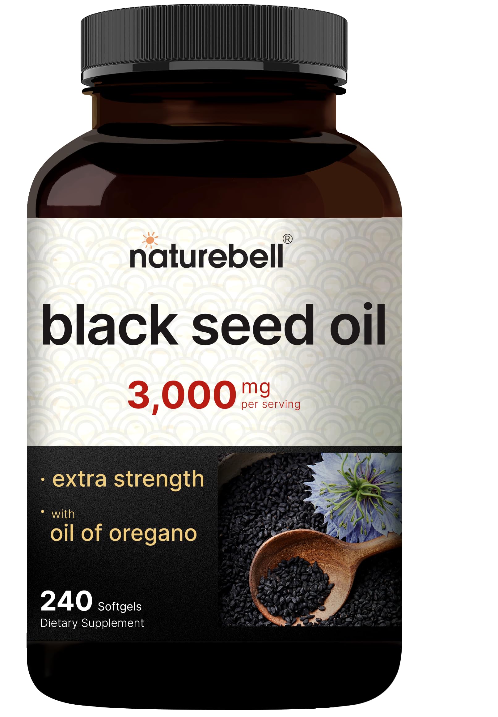 NatureBell Black Seed Oil 3,000 mg Per Serving, 240 Softgels – 2-in-1 Formula with Oil of Oregano – Non-GMO