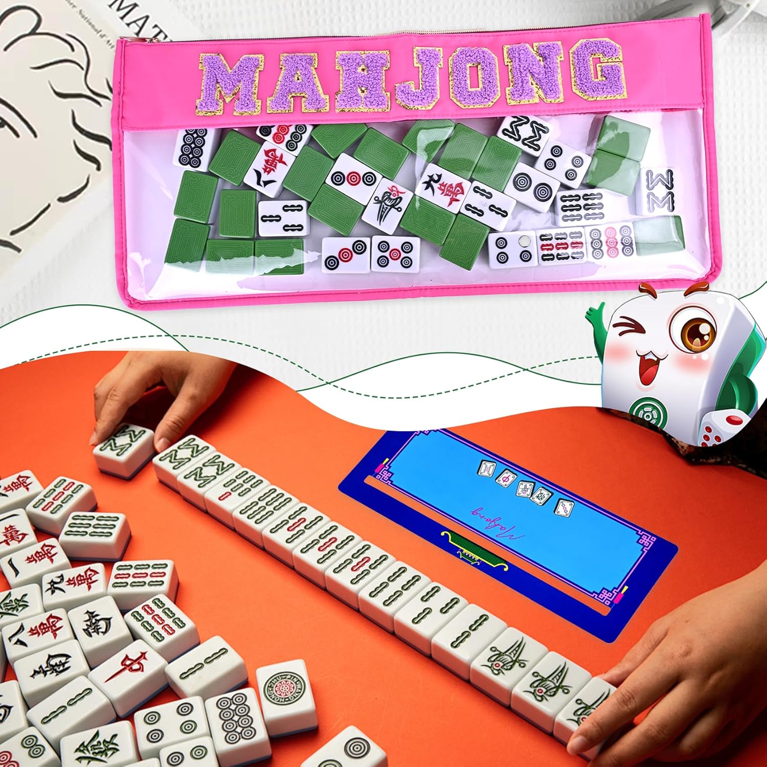 Clear Waterproof American Mahjong Bag | Hot Pink Embroidered Empty Case with 4 Mahjong Line Finders, Fits 166 Tiles for Travel (Case Only)