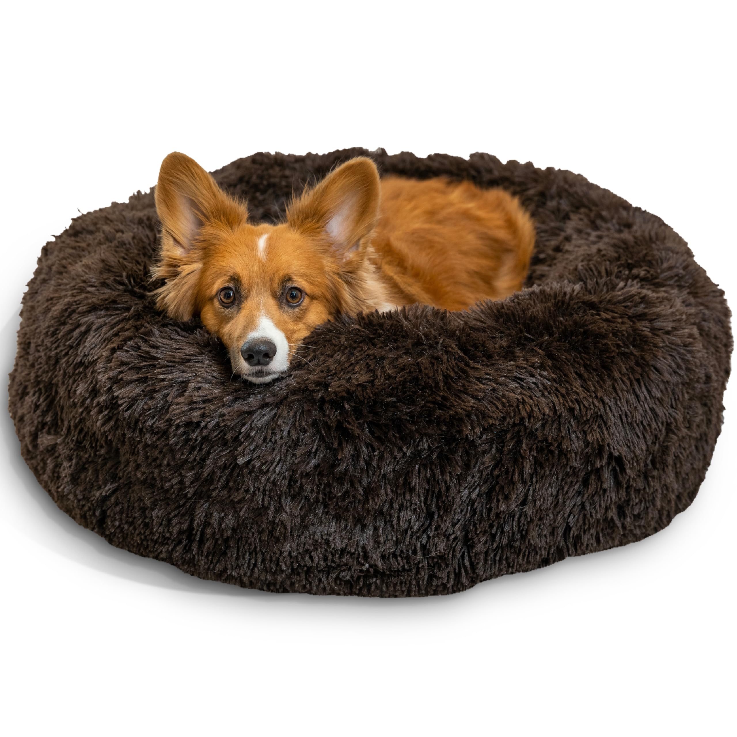 Best Friends by Sheri The Original Calming Donut Dog Bed for Medium Dogs up to 45 lbs, Shag Faux Fur, Dark Brown, 30" x 30"