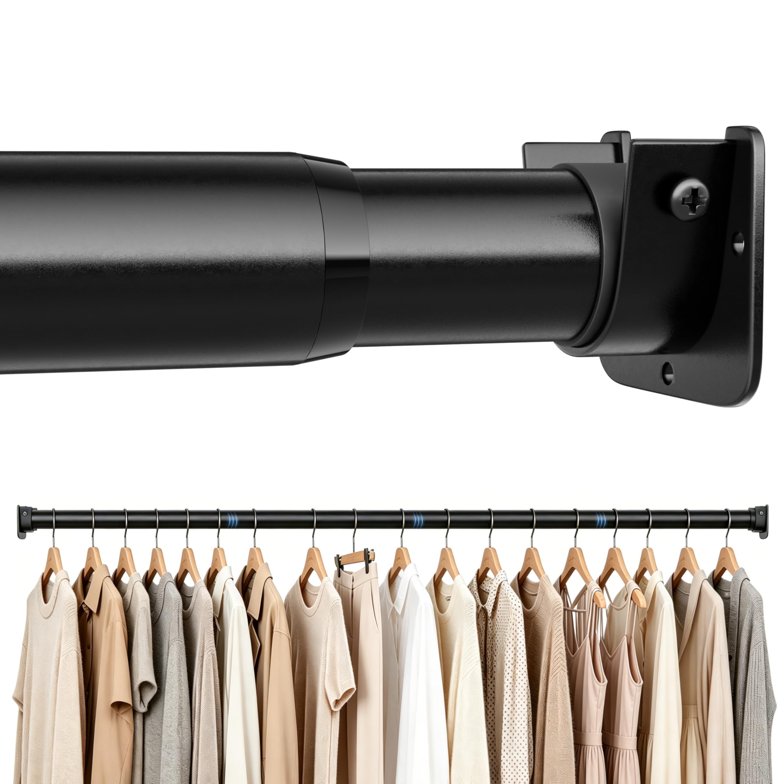 Photo 1 of STARLATTA Heavy Duty Black Closet Rod: 17-84 Inch Stepless Adjustable Clothes Hanging Bar, 1.3" Diameter Metal Wardrobe Pole with Brackets, No-Cut, for Laundry & RV