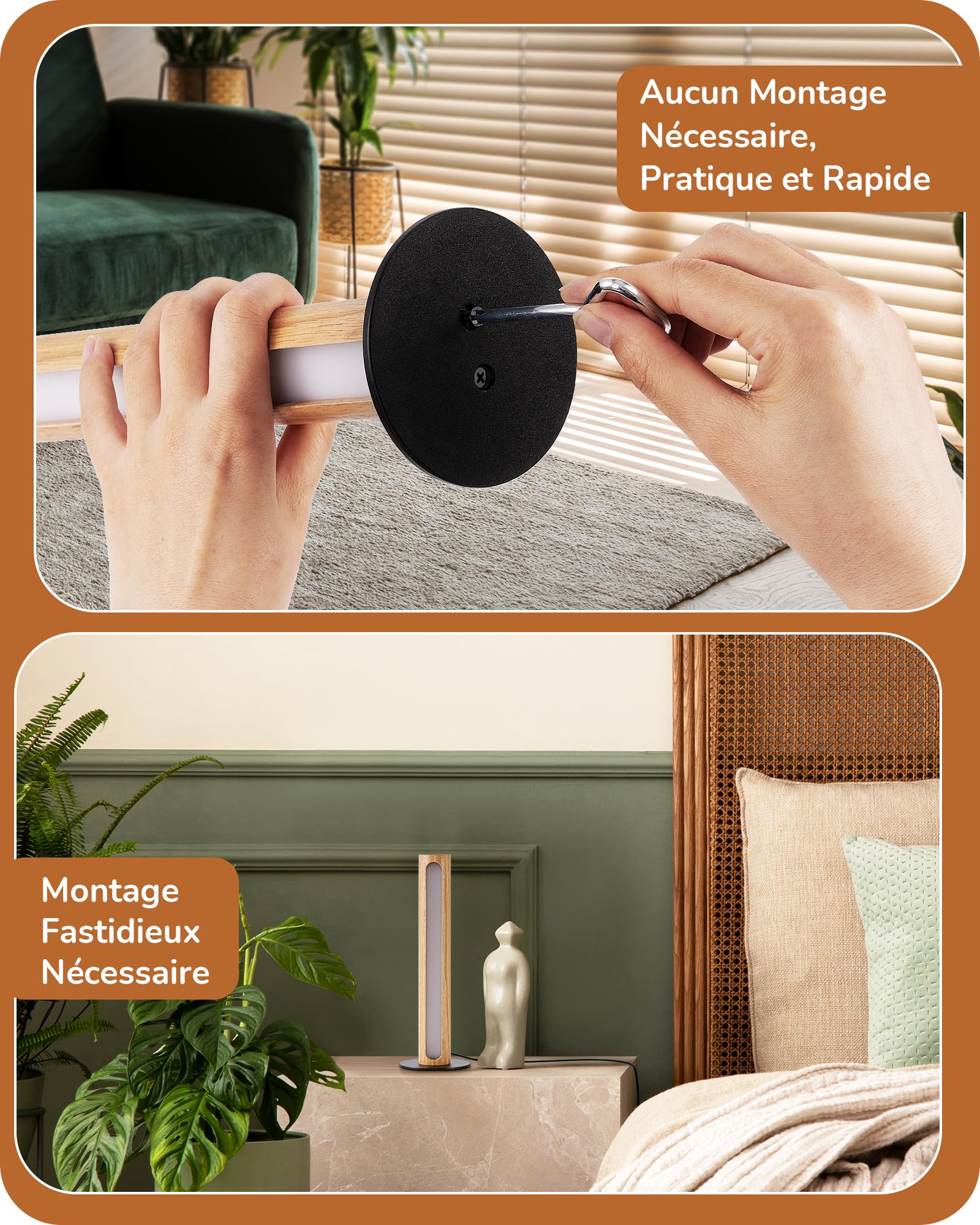 EDISHINE Lampe Chevet Bois, Variateur Tactile, 3 Températures de Couleur | Lampe de Table LED Intégrée avec Pied Métal & Cadre Bois, Fonction Mémoire, 3 Températures de Couleur pour Chambre, Bureau