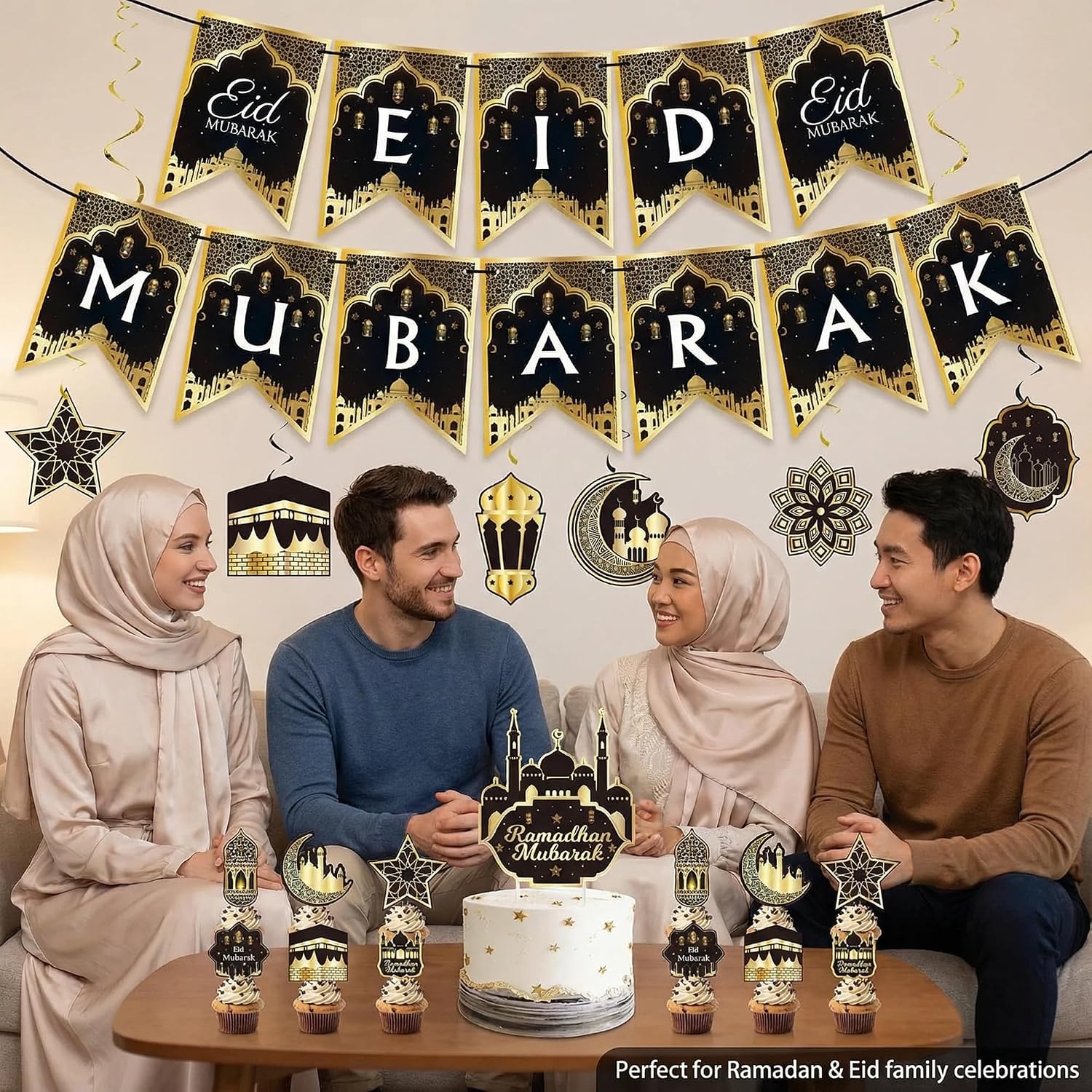 Eid Mubarak Decorations Set - Black and Gold Ramadan Party Supplies including Banner, Balloons for Muslim Islamic Eid Al-Fitr Home Wall Decor (gold) (Black & Gold) image 4