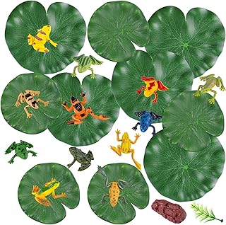 FFWHKON 22PCS Lily Pad and Plastic Frogs Set, 12 PCS Plastic Frog Figures Model Colorful Frog 10 PCS Artificial Lotus Leaves Floating Lotus Leaves for Pond Pool Crafts Decoration