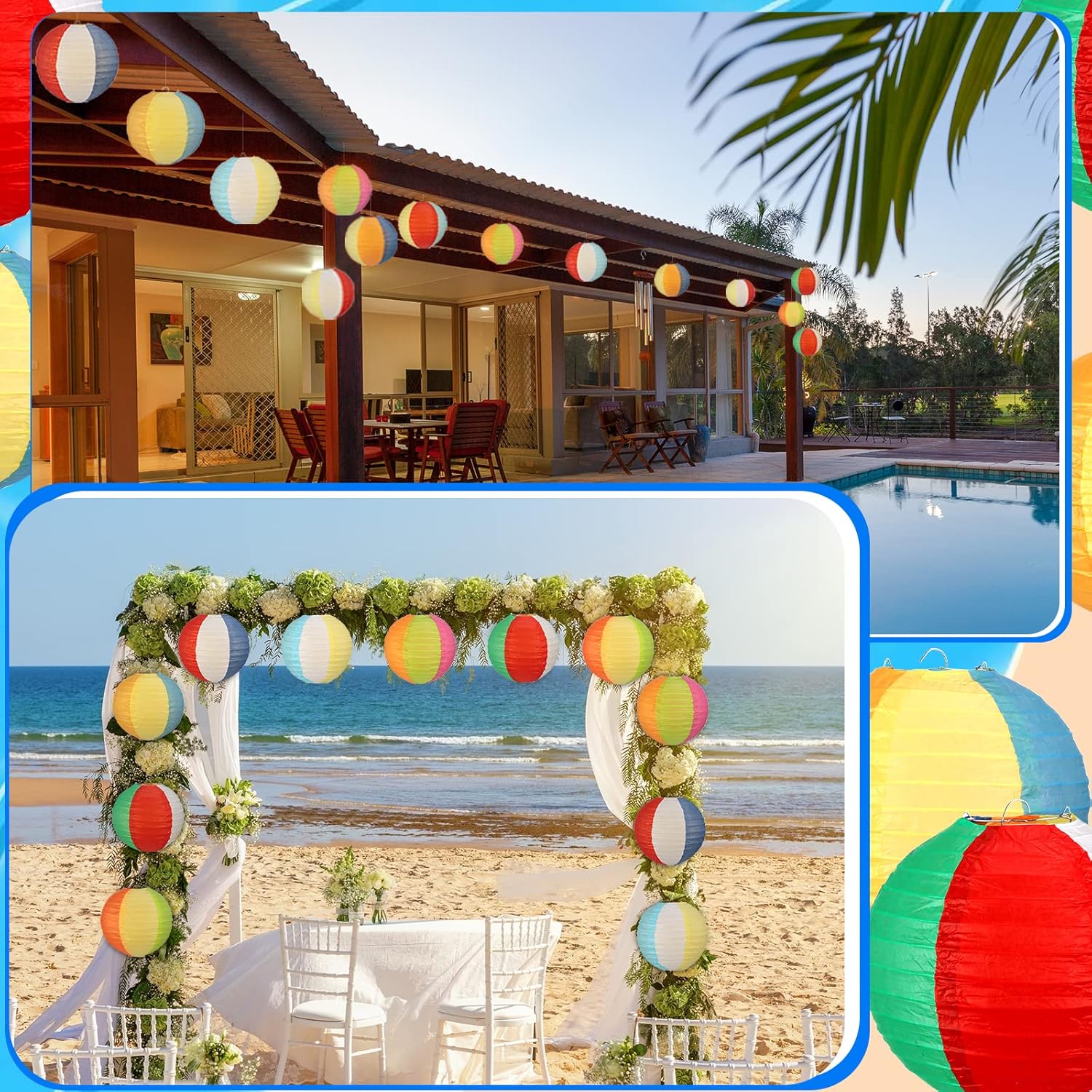 Panelee 12 Pcs 8 Inch Beach Ball Paper Lanterns Pool Party Decorations Summer Luau Themed Round Hanging Decorations for Office Classroom Home Outdoor Indoor Party Supplies