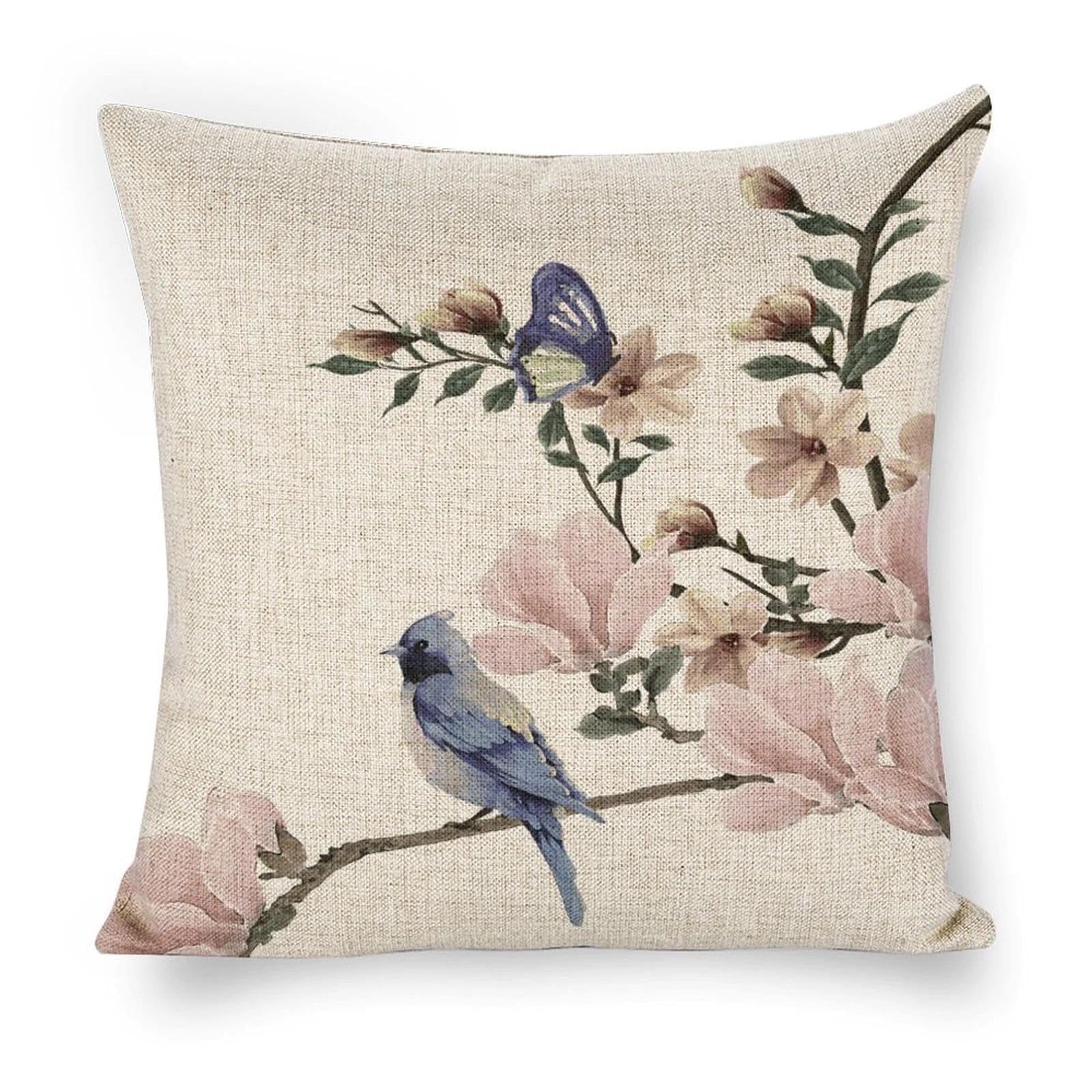Icotoibabie Linen Throw Pillow Covers 18x18 Bird Flower Decorative Pillowcase Cushion Cover for Couch Sofa Bedroom