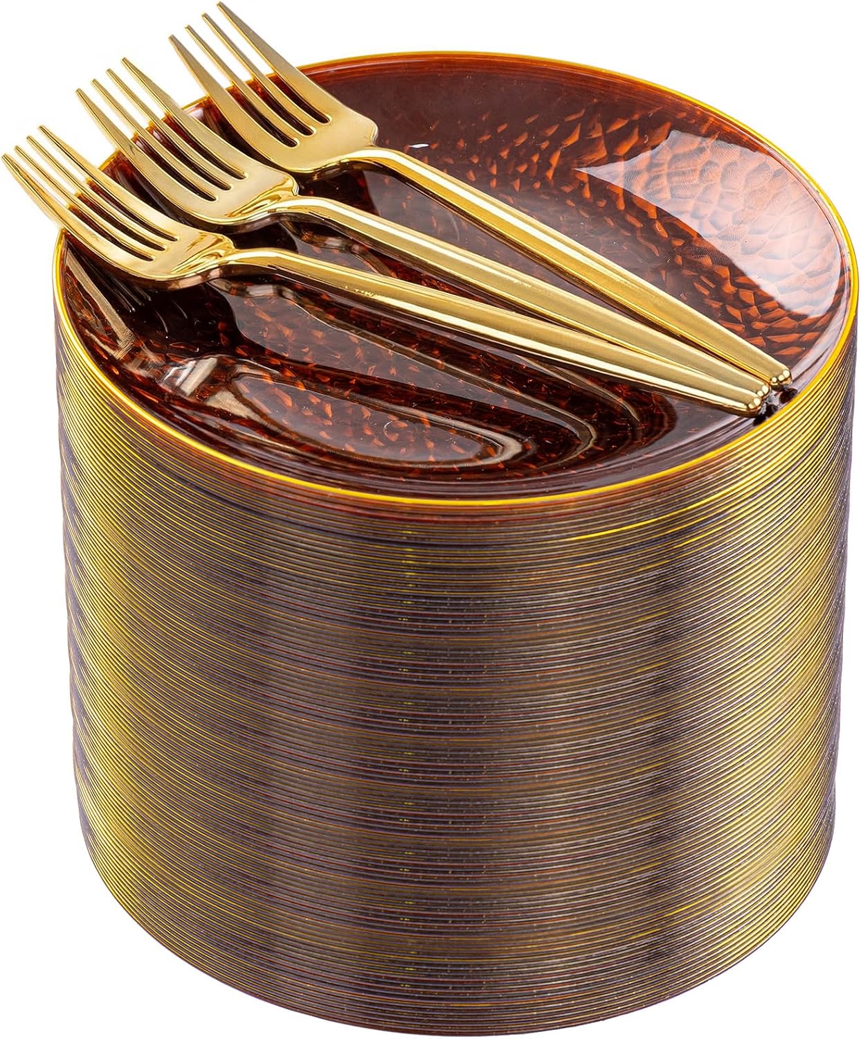 Rubtlamp 200 Pcs Blue Dessert Plates, 6 Inch Gold Rim Hammered Appetizer Plates WIth Gold Dessert Fokrs, Small Fancy Salad Plates Include 100 Cake Plate 100pcs 6inch Forks for Party Bridal Teatime