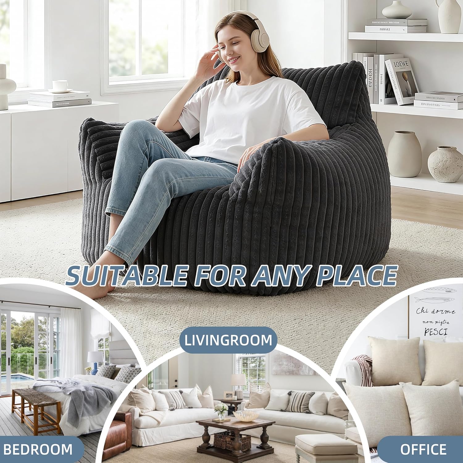 Giant Plush Bean Bag Chair Oversized Bean Bag Sofa Lounge Lazy Floor Sofa Accent Chair for Adults Teen with Memory Foam Filled for Living Room,Bedroom Or Balcony