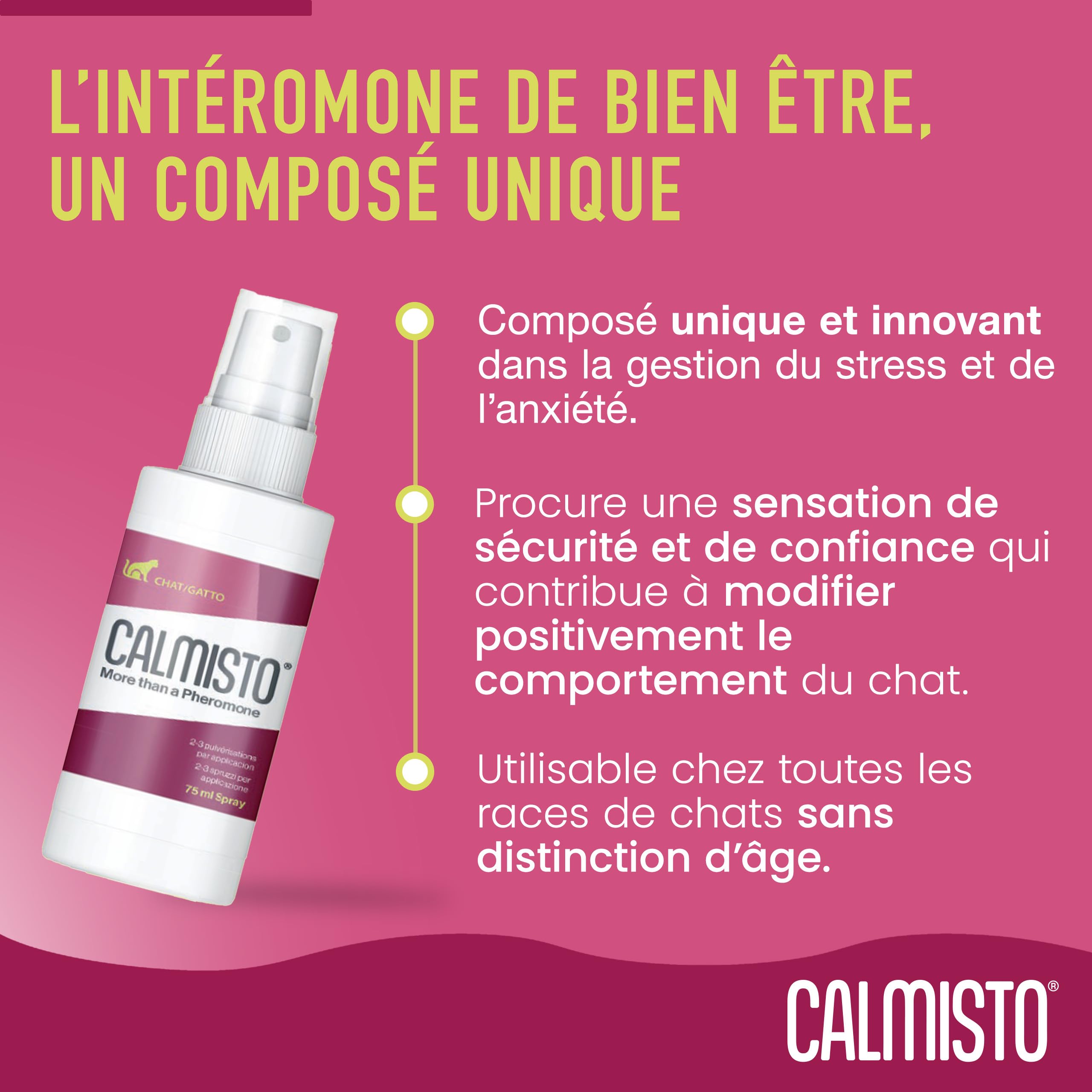 Spray Calmisto à l'intéromone de Bien-être pour Chat 75 ML — Spray Anti-Stress pour Chat à Base d'intéromone et de Lavande — Produit Anti Stress Chaton Efficace Pendant 4 Heures