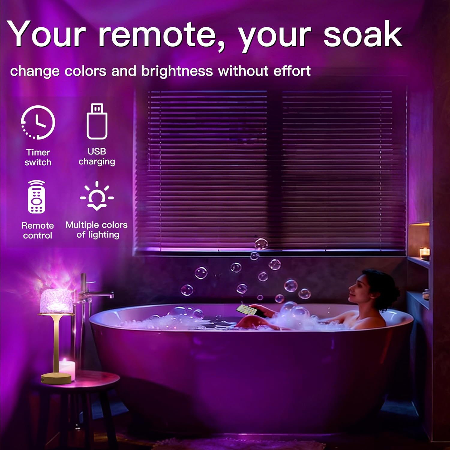 Waterproof Shower Light with Ocean Wave Projector - Rechargeable, Cordless Bathroom Lamp with 16 Colors, Remote & Touch Control, Dimmable LED for Shower, Bathtub, and Bedroom Relaxation (Khaki) - Image 7