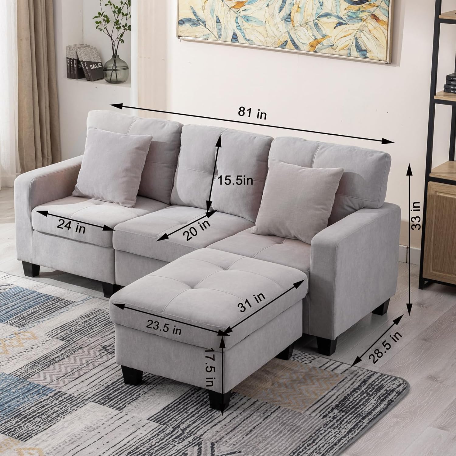 Convertible Sectional 3 Seat Sofa with Ottoman L-Shaped Modular Modern Velvet Couch with Pillows for Living Room Apartment Office Small Space (3seater Sofa Set, Dark Gray)