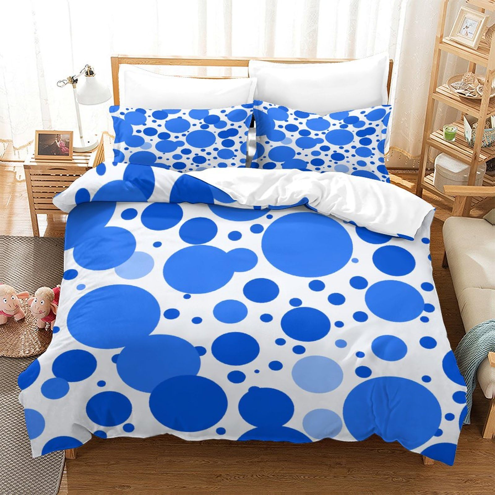 P1S9U7W5Y Fresh Blue Polka Dot 3D Printed Duvet Cover Set 3pcs Microfiber Circles Bedding Set King