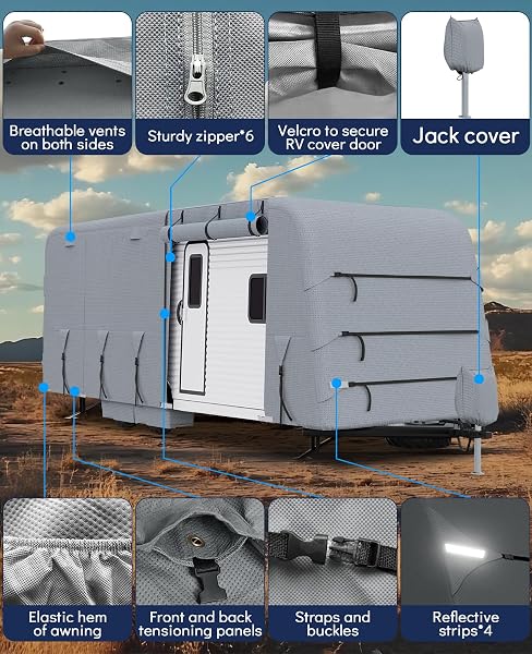 Heavy-Duty Caravan Cover with 4-Layer Technology Waterproof, Breathable, UV-Resistant & Windproof Straps for Motorhomes (18-30+ ft Sizes) - 5