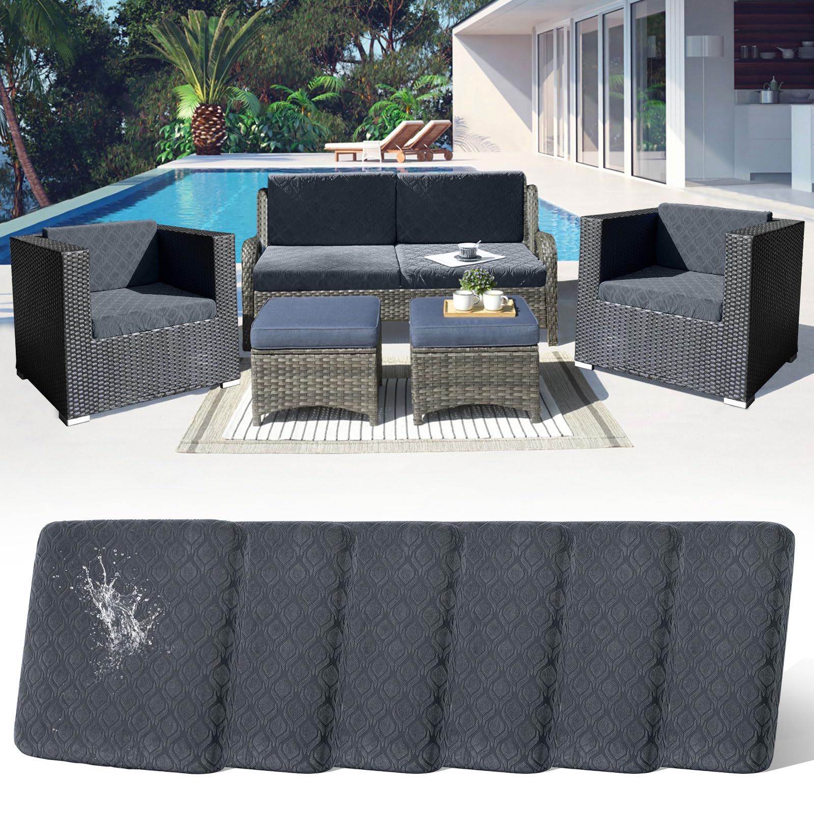 LiveGo Patio Stretch Sofa Cushion Cover Outdoor Cushion Cover Replacement Patio Furniture Cushions Couch Slipcovers Chair Seat Cover Soft Flexibility Protector (6, Dark gray)