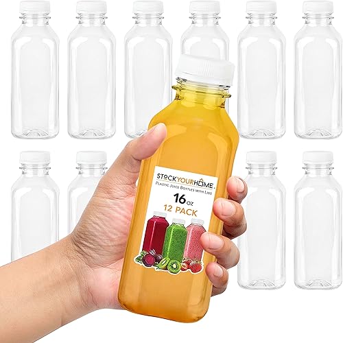 Miniatura 12 de Botellas de jugo con tapas para jugos y licuados, botellas de plástico vacías transparentes reutilizables con tapas, recipientes de bebida de 16