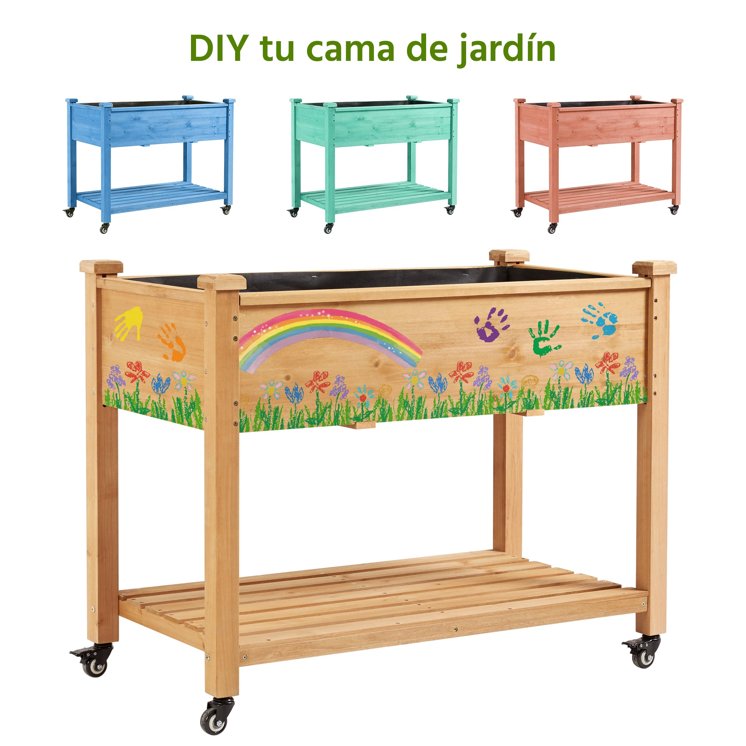 Yaheetech Huerto Urbano Elevado de Madera de Abeto Mesa de Cultivo de 2 Niveles con Ruedas Desmontables, Forro no Tejido, Ideal para Flores y Vegetales Marrón Claro 105 x 56 x 83 cm
