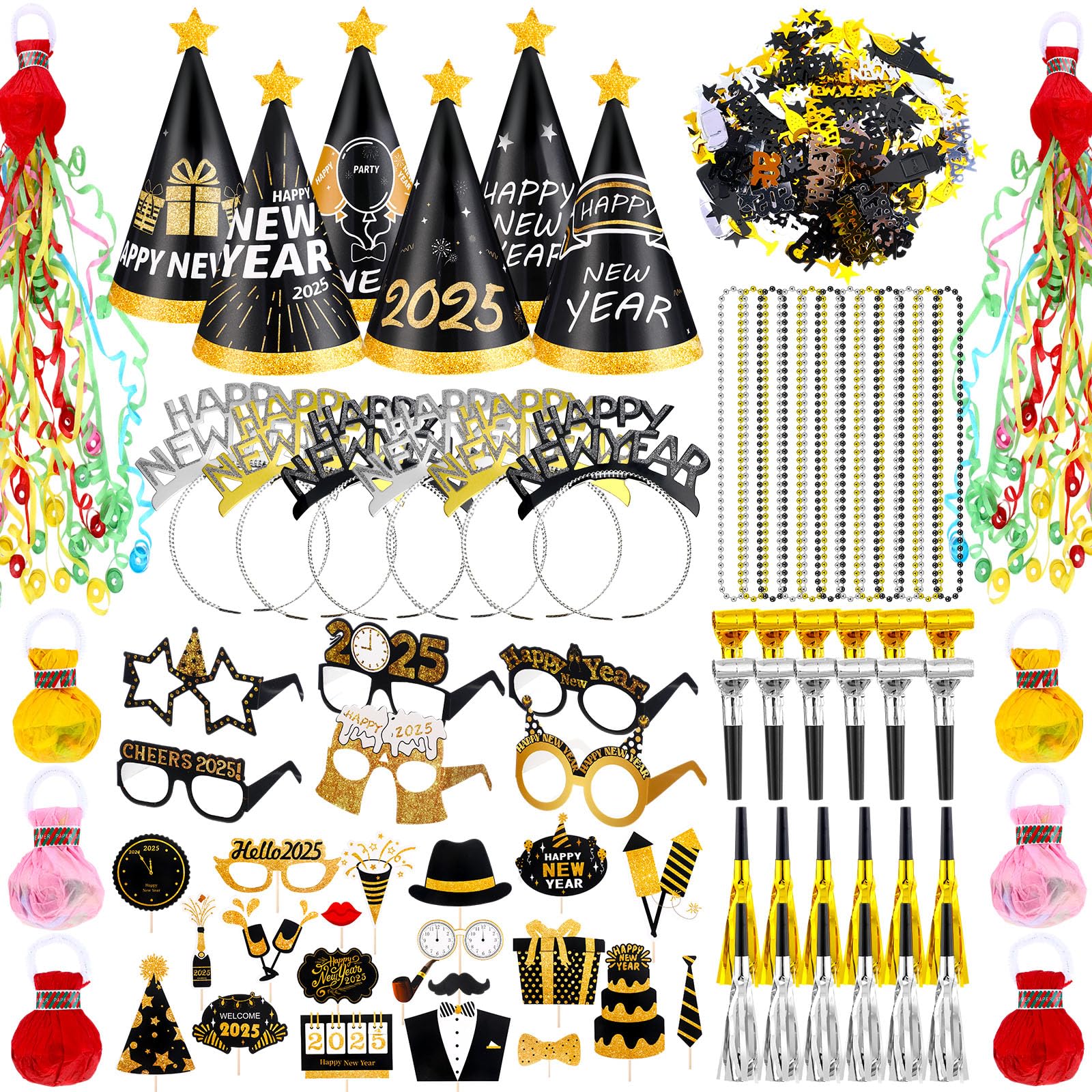 85 Pcs New Years Eve Party Supplies Set Happy New Year Decor Kit Include Hand Throw Streamers Hairband Eyeglass Cone Hats Necklace Noise Makers Confetti for Adults 2025 New Year Party Favors