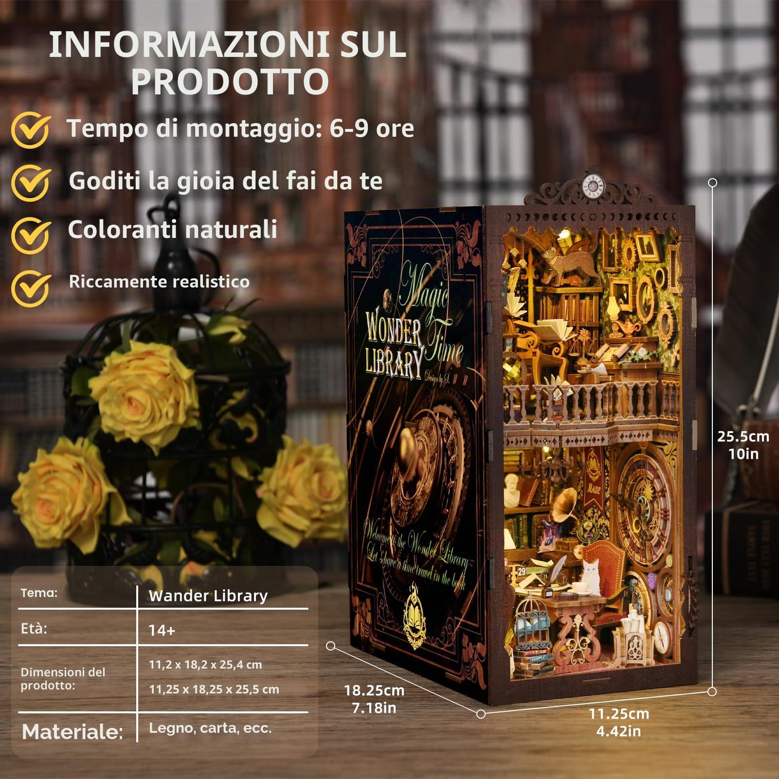 Kit Book Nook per Adulti, Modello DIY Book Nook, Puzzle 3D in Legno Fermalibri Booknook Miniatura Casa delle Bambole per Inserto Libreria Decorazione Casa - Wonder Library