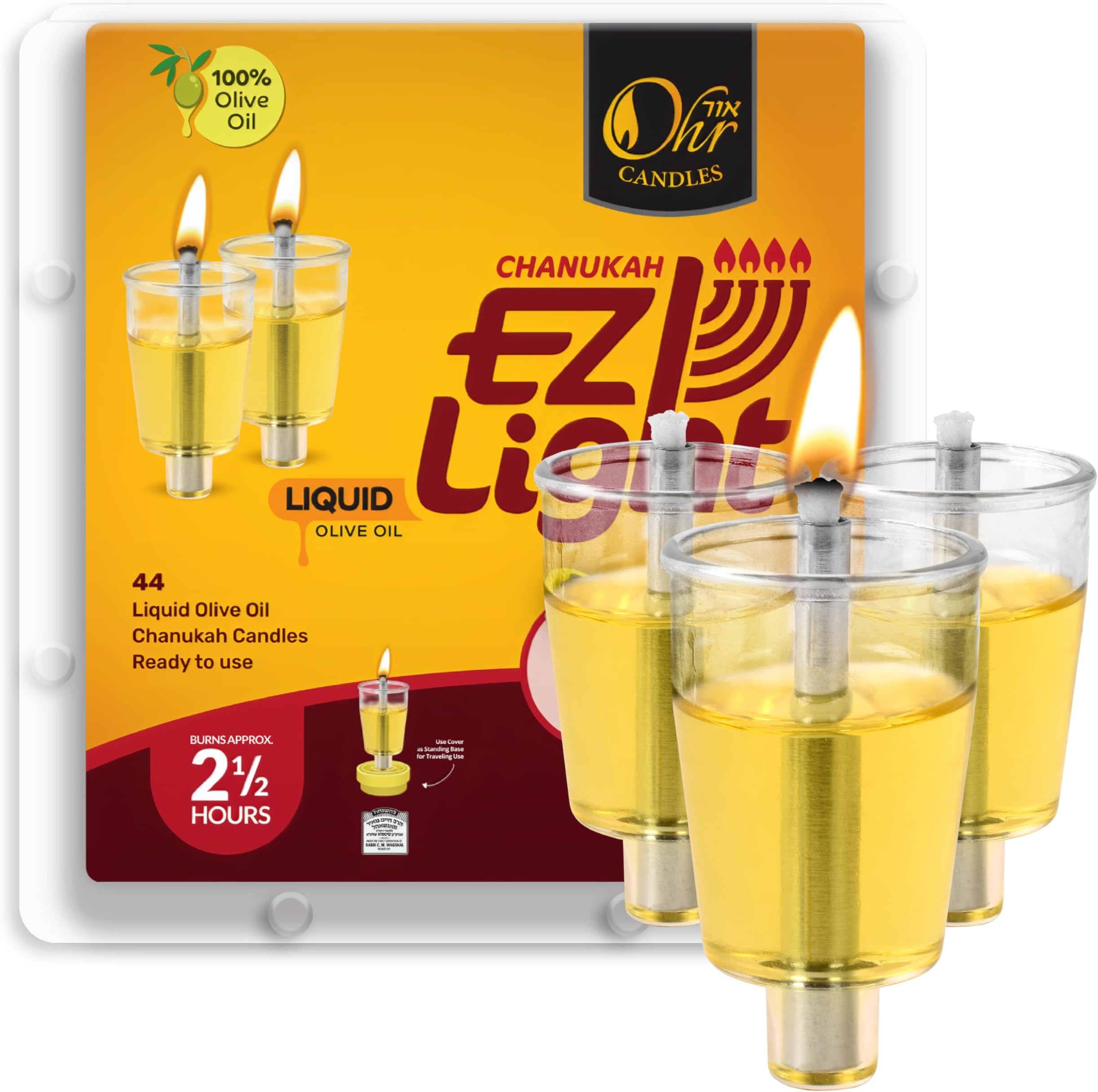 OHR CANDLES Pre - Filled Menorah Oil Cup Candles, Hanukkah EZ Lights, 100% Olive Oil with Cotton Wick in Cup (Pack of 44) - Burns Approx, 2 1/2 Hrs
