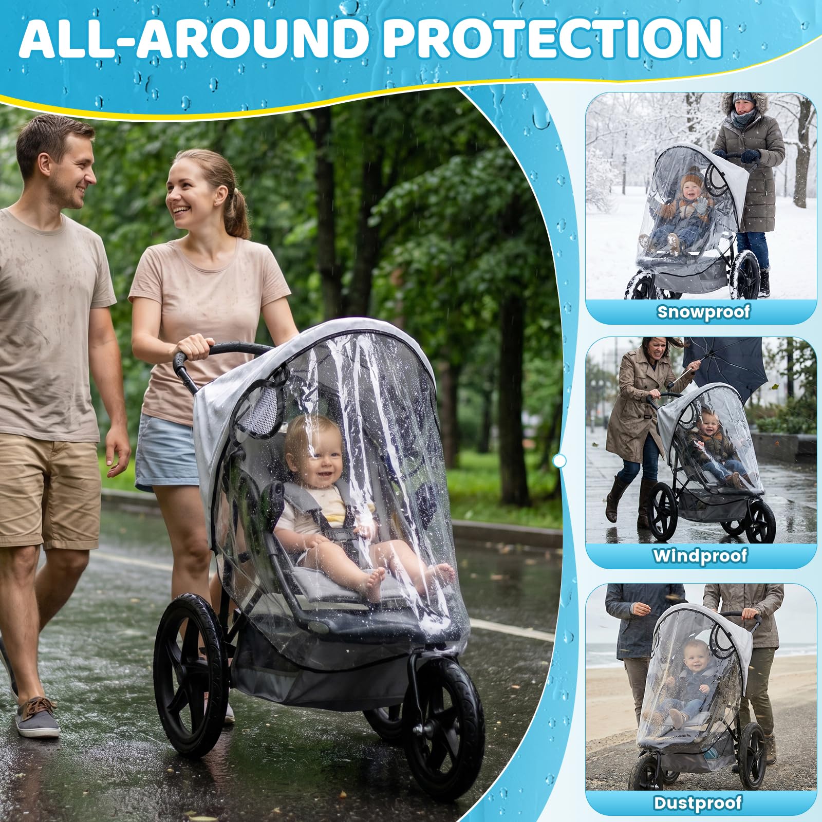 Funda impermeable para la lluvia para cochecito de correr, cubierta impermeable para la mayoría de los cochecitos de correr, protección contra la intemperie, EVA gruesa y PVC que protege del polvo y