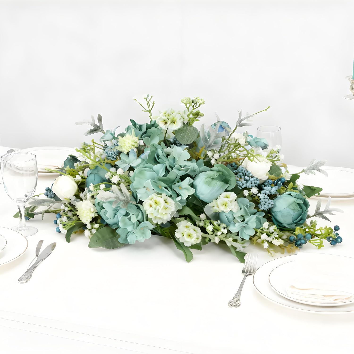 Turquoise Teal Blue Artificial Silk Peony Bouquet White Baby's Breath Mixed Flowers Combo Box Wedding Centerpiece Arrangement with Greenery Decorative Floral (Teal Peony)