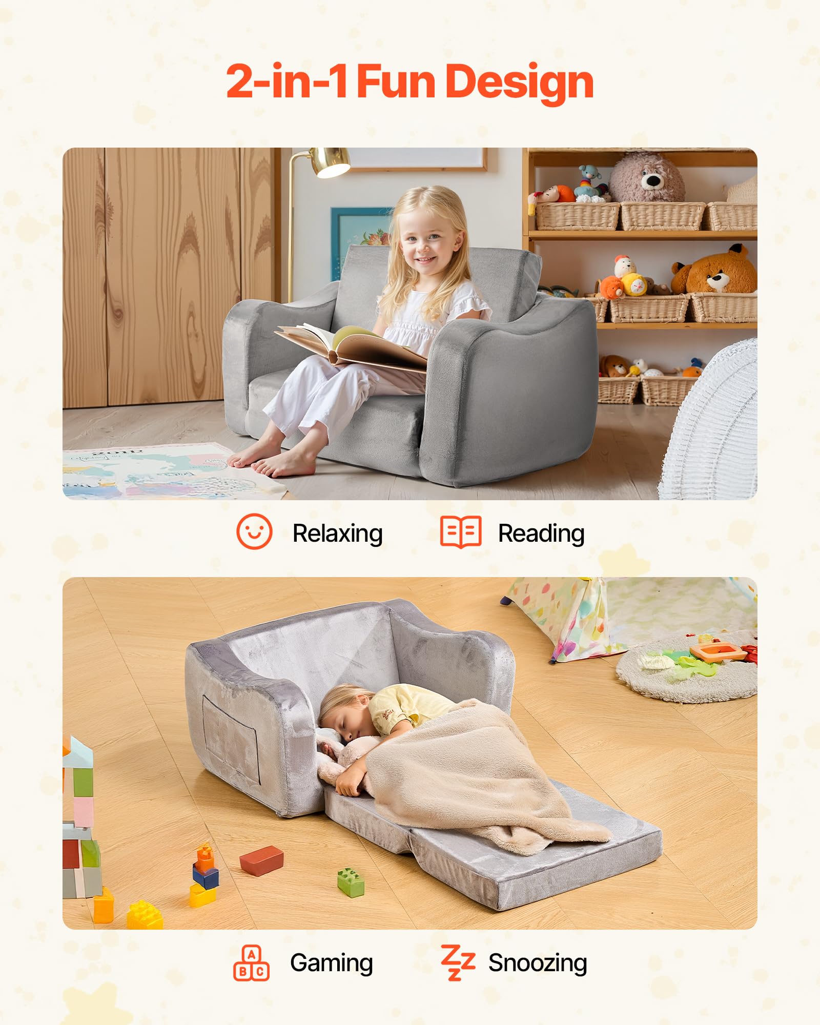 VEVOR Canapé pour Enfants 2-en-1 Convertible en Chaise Longue, Canapé-lit Pliable et Moelleux, avec Accoudoirs, en Éponge 28D et Poils Courts, Sofa Tout-Petits pour Chambre d’Enfants, Gris, M