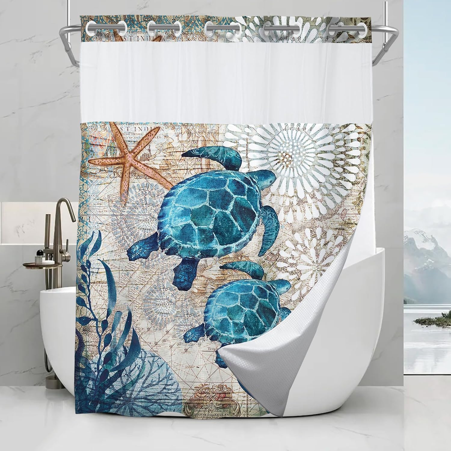 Green and Teal Sea Turtles Theme No Hook Waffle Weave Shower Curtain with Snap in Liner Nautical Beach Bathroom Blue Ocean Decor Set 72 W x 74 H Inch Teal
