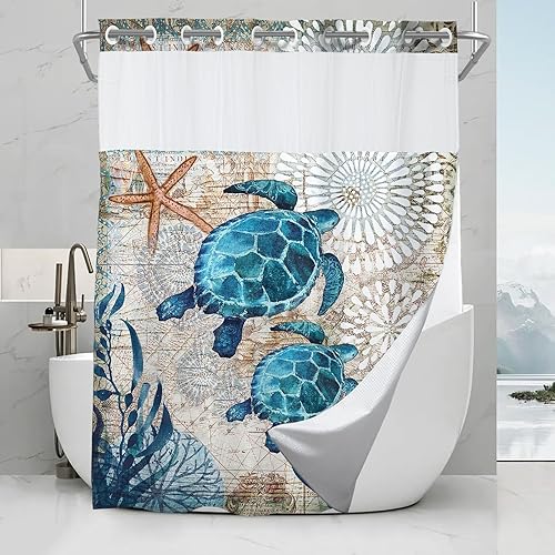 Vista 2 de Cortina de ducha de tortugas marinas, temática náutica de playa, verde y verde azulado, sin ganchos, punto gofre y forro desmontable, decoración