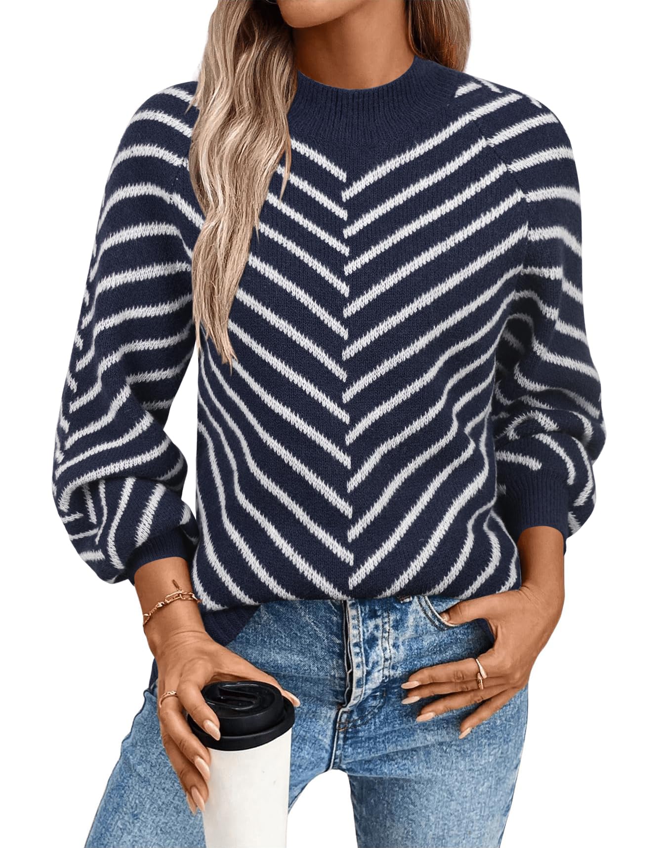 Theenkoln Women Striped Fall Sweater Crew Neck Long Sleeve Color Block Casual Loose Pullover Knit Tops