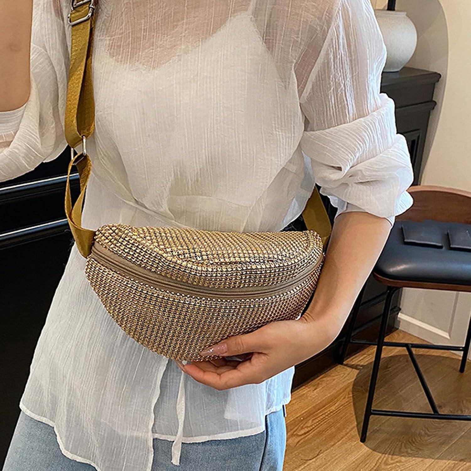 Elegant Rhinestones Waist Pouches Crossbody Bag Ergonomic Nylon Chest Pack For Daily Use And Outdoor Activities Travel Zipper Waist Pack