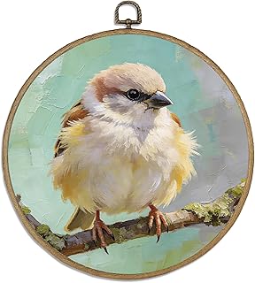 DELORIGIN Spatz auf Ast Wand Kunst Dekor Niedlich Rund Holz Rahmen Leinwand Wand Kunst Drucke mit Metall Haken Zuhause Kunstwerk Hängendes Bild für Schlafzimmer Wohnzimmer Flur Treppen Dekor