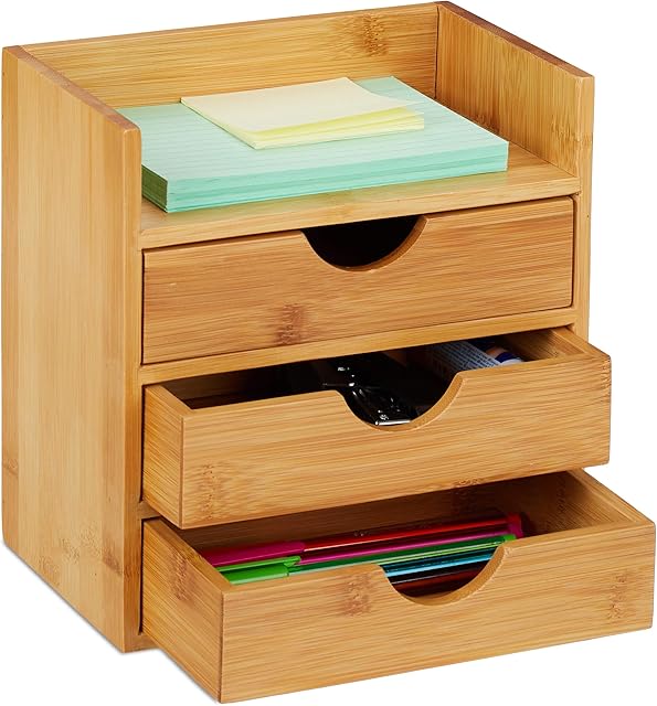 Relaxdays Bamboo Desktop Organizer, 3 Drawers, Desk Tidy, Office Storage Unit, Pen Holder, HxWxD: 21x20x13 cm, Natural, 1 Item