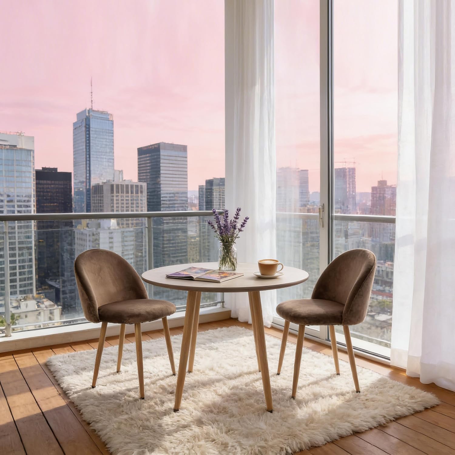 Dining Chairs Set of 2, Velvet Comfortable Seats, Mid-Century Modern Living Room Chairs, Upholstered Kitchen Chairs with Wooden Legs and Padded Seat for Bedroom Office Easy Assembly, Brown