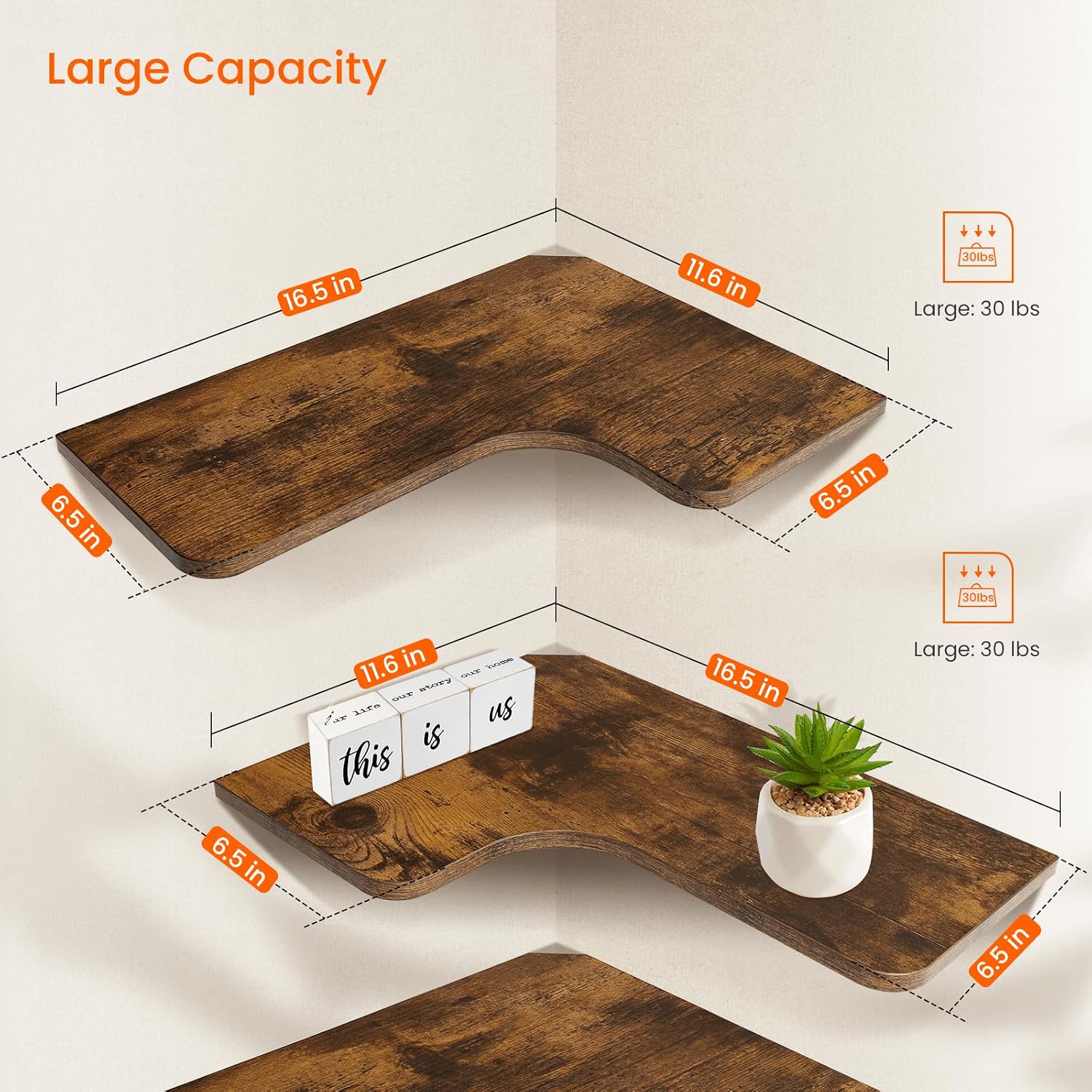 Homode Coat Rack wall Mount and Corner Floating Shelves Bundle, Wall Shelf with Hooks and Set of 3 Corner Wall Shelves, Rustic Brown image 3
