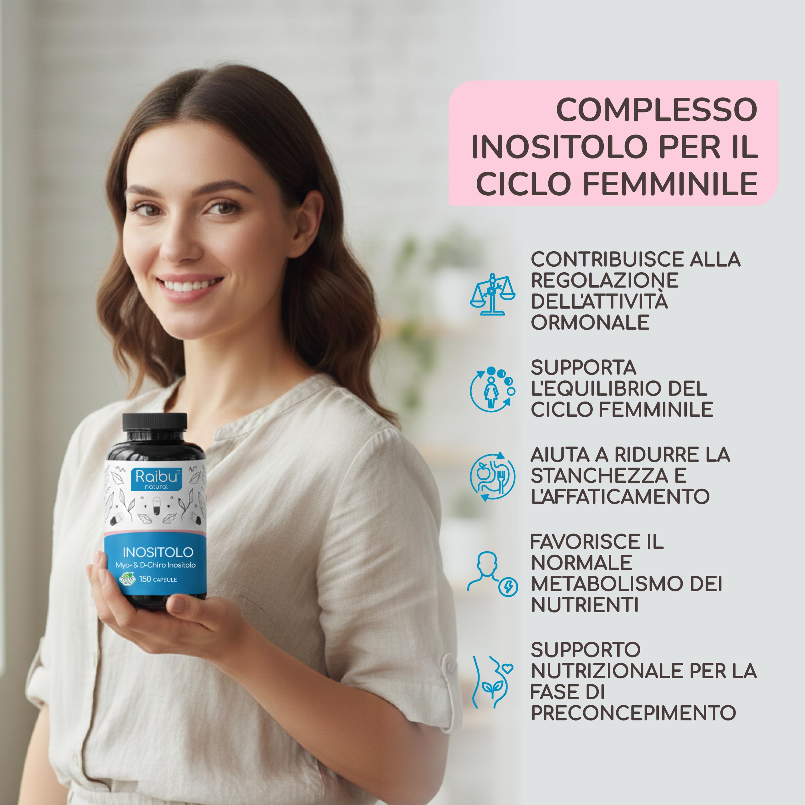 Inositolo Integratore, Myo & D Chiro Inositolo - PCOS e Ovaio Policistico - 150 Capsule Vegane con Acido Folico, Vitamina B6 e Cromo - Dose Elevata, Combinazione Efficace - Raibu
