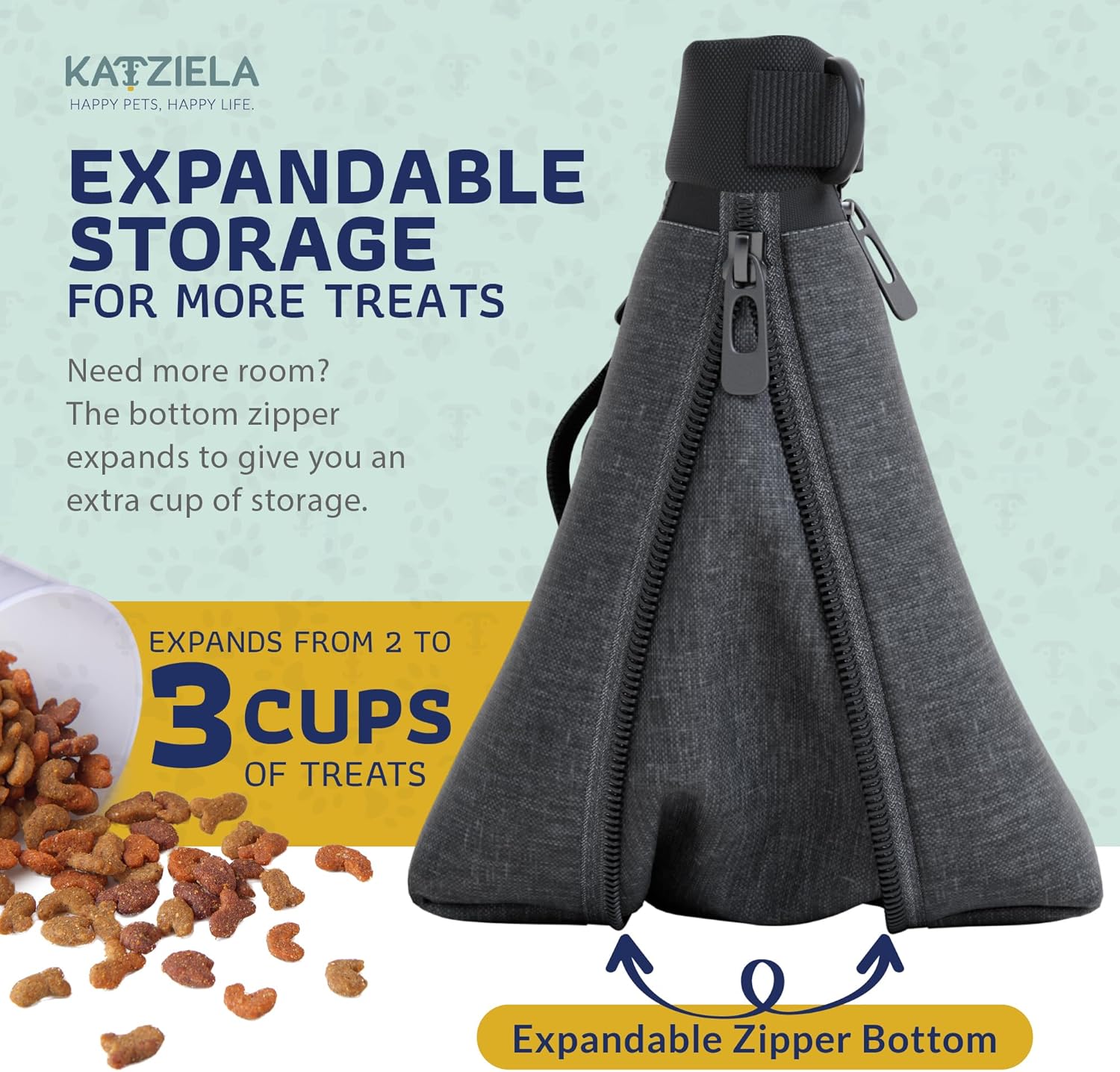 Katziela Expandable Pet Treat Pouch - Hands Free Dog Treat Pouch, Quick Access Magnet Closure - Anti Spill Dog Treat Bag - Treat Pouches for Pet Training, Adjustable Shoulder Strap & Belt Clip (Black)