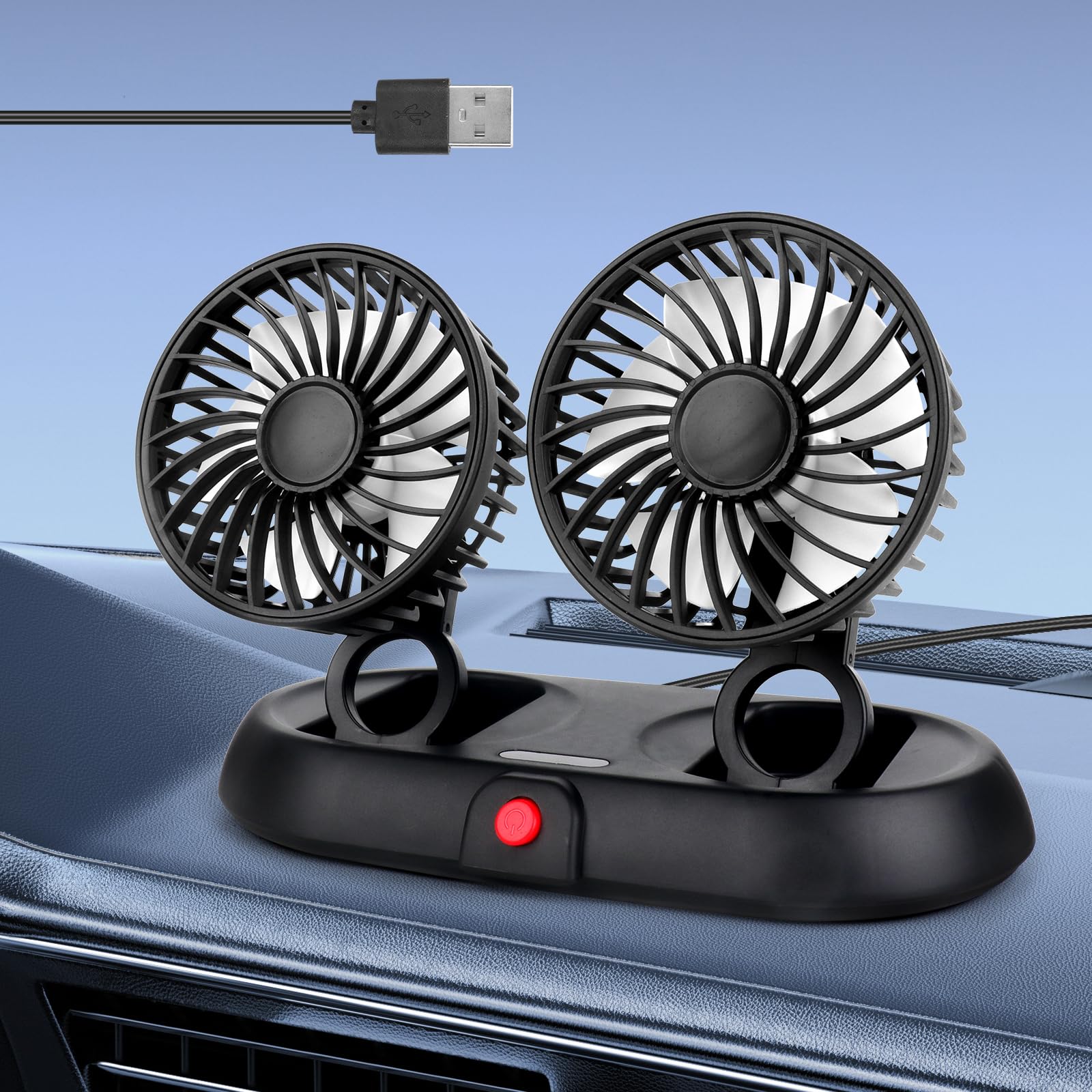 Ventilateur De Voiture, Ventilateur Voiture, Ventilateur Voiture USB, Ventilateur Double Tête, Rotation À 360°, 3 Modes De Puissance Réglables, Pour Voiture, Van, SUV, RV, Bateau (2-Tête)
