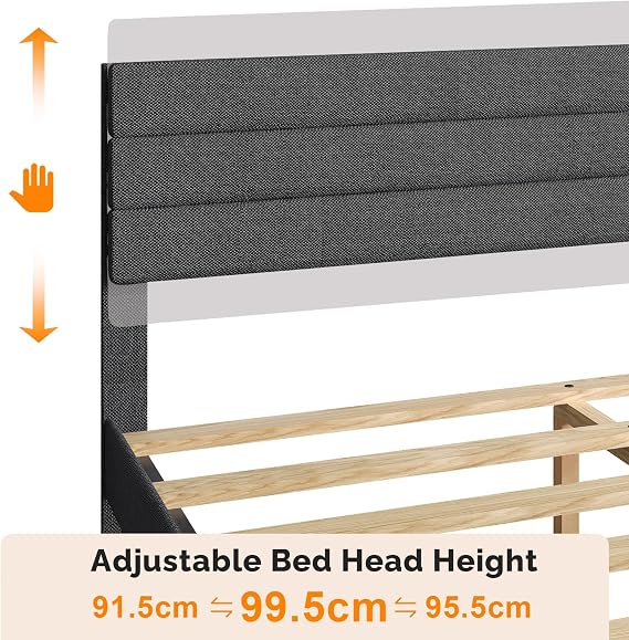 Bonnlo 5ft King Bed Frame, Noise-Free Upholstered Platform Bed with Adjustable Headboard & Under Bed Storage - Sturdy Wooden Slat Support-No Box Spring Needed, Linen-like Fabric,Light Grey,150x200 cm