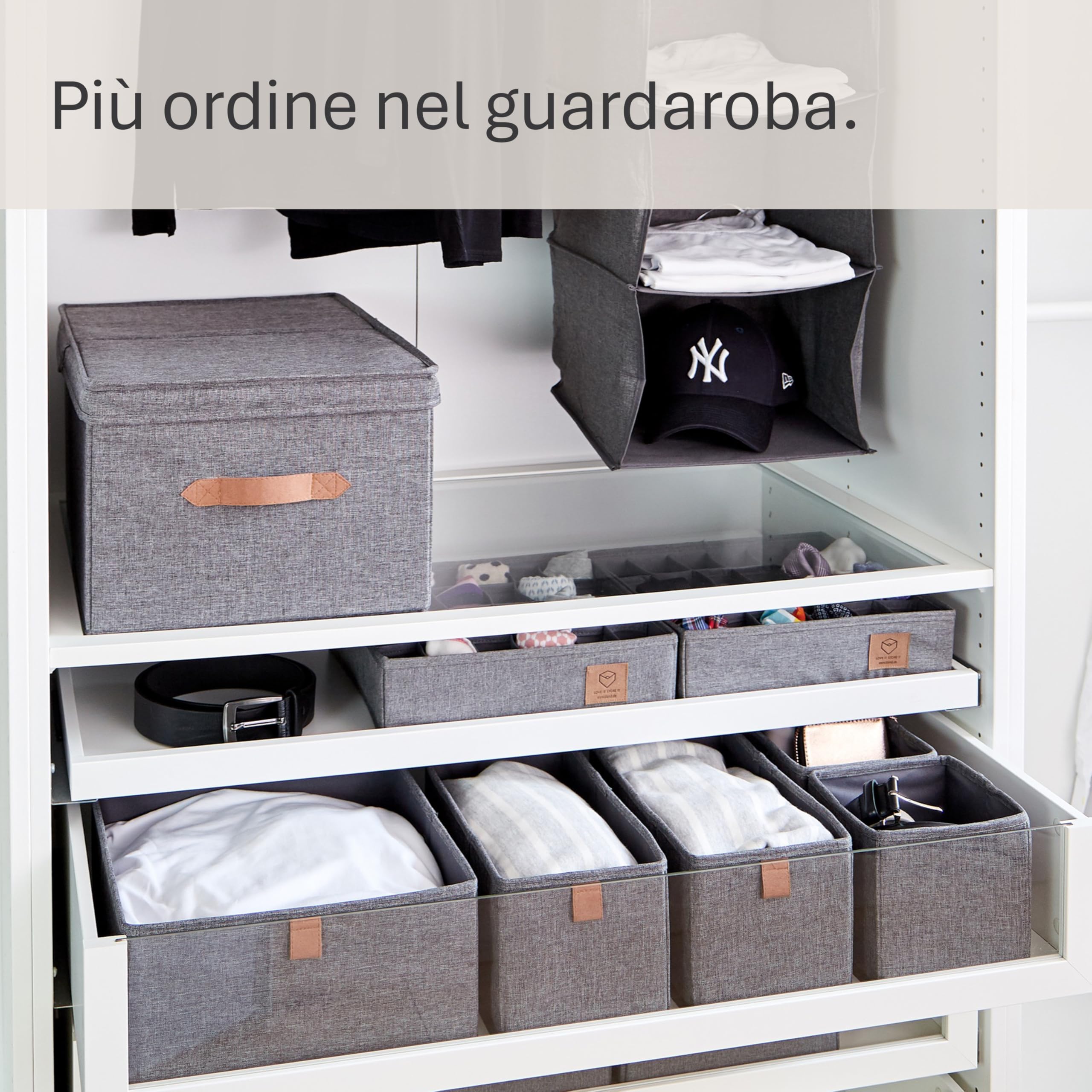 LOVE IT STORE IT Premium Scatola Portaoggetti con Coperchio - Scatole Tessuto di Lino - Rinforzata con Legno - Contenitore Grande e Robusta - Grigio - 33x50x24 cm
