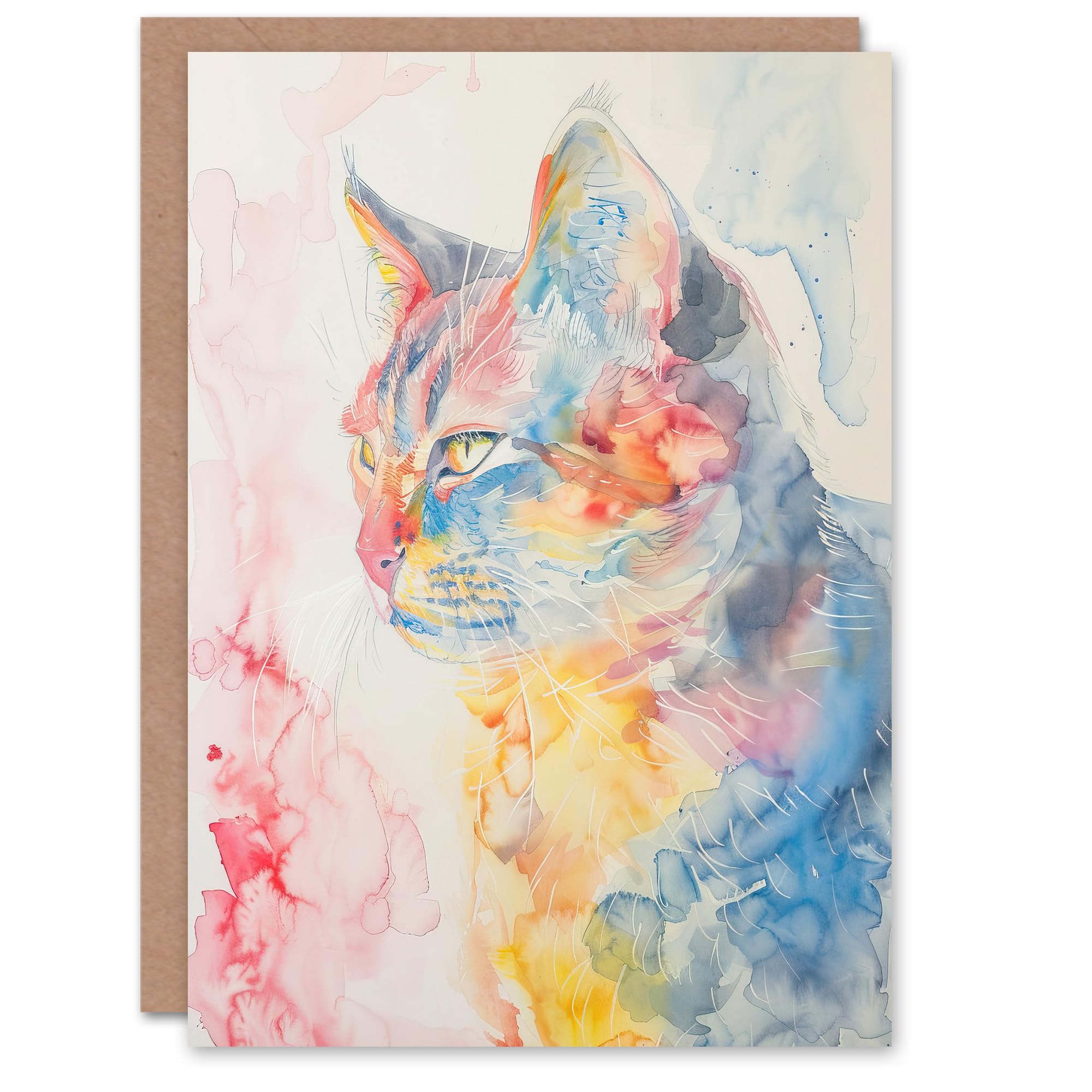 Artery8 Greeting Card Cat Lover Pastel Rainbow Watercolour Portrait Blank For All Him Or Her Art Birthday Card