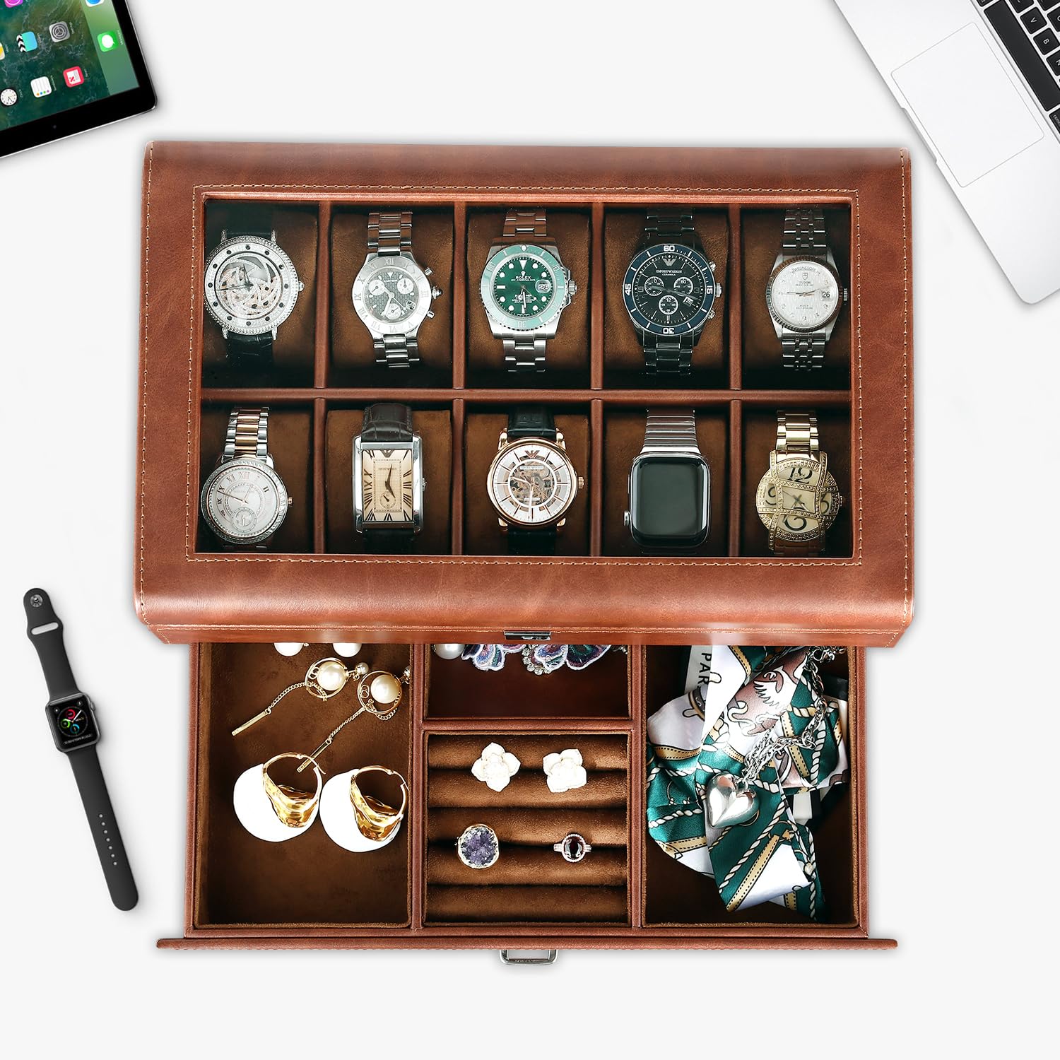 Boîte à montres en cuir avec tiroir - 10 emplacements verrouillables - Support de montres pour homme - Étui de luxe pour montres - Organiseur à 2 niveaux
