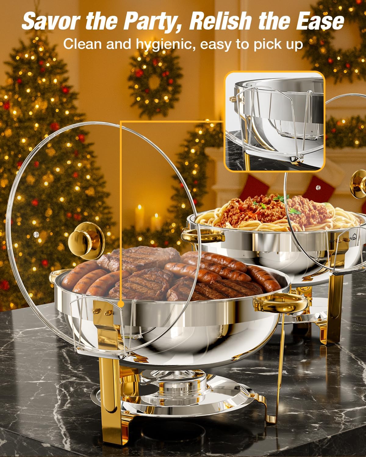 WARMOUNTS Gold Chafing Dishes for Buffet with Glass Lid (5QT, 2Pack), Round Chafers and Buffet Warmers Set with Mirror-Polished Stainless Steel, Rolled Rim, Stackable, Lid Holder for Parties, Weddings