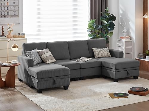 Miniatura 16 de CHIC HOUSE - Sofá modular de corduroy con chaise otomana, sofá cama en forma de L/U para sala de estar, apartamento, salón, moderno con soporte para